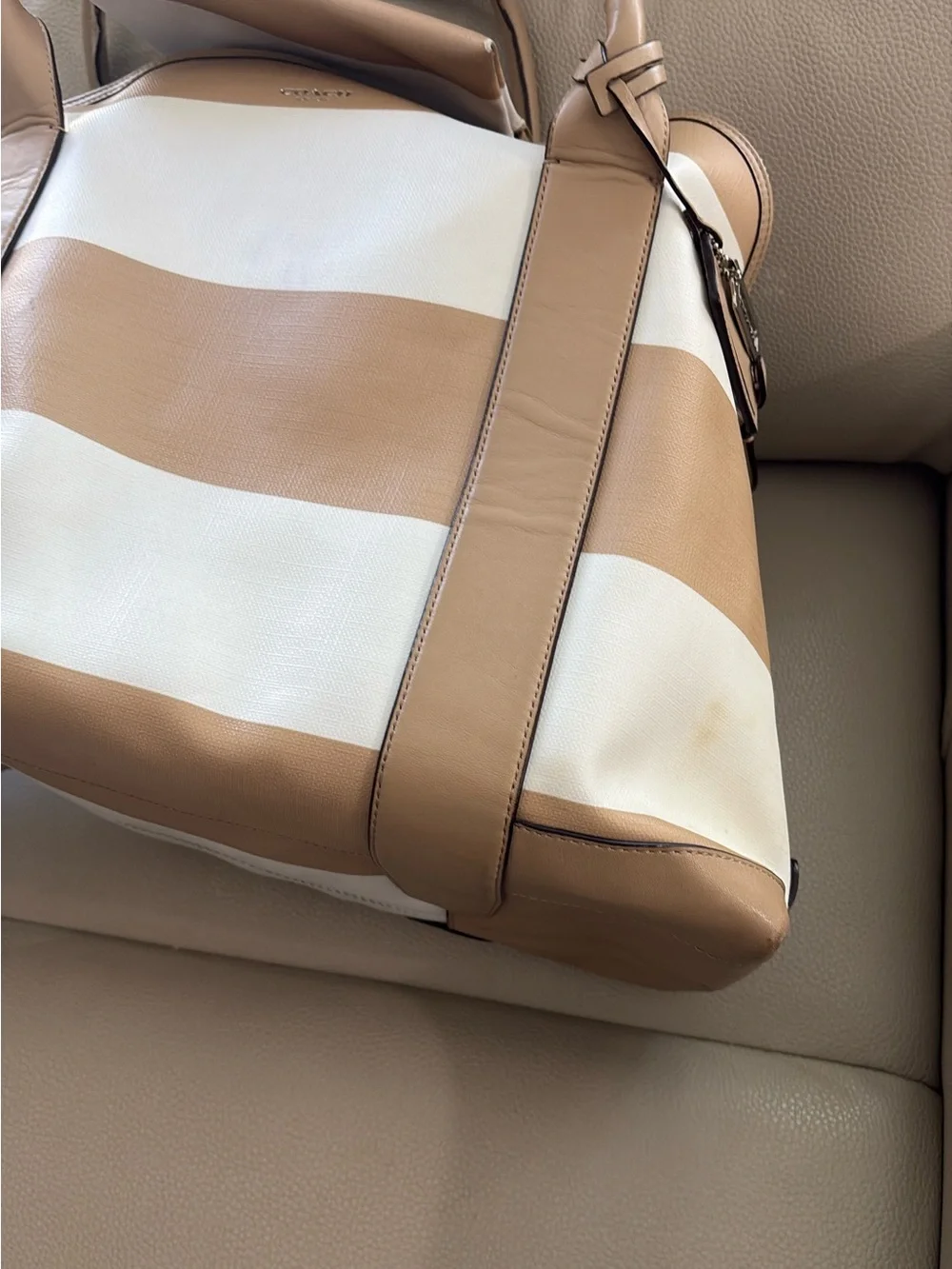 Coach Tan and White Striped bag with Wristlet